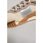 Dolce & Gabbana Beige Lace Up Low Top NS1 Men Sneakers Shoes with nylon, leather, polyester upper and rubber sole, close-up view.