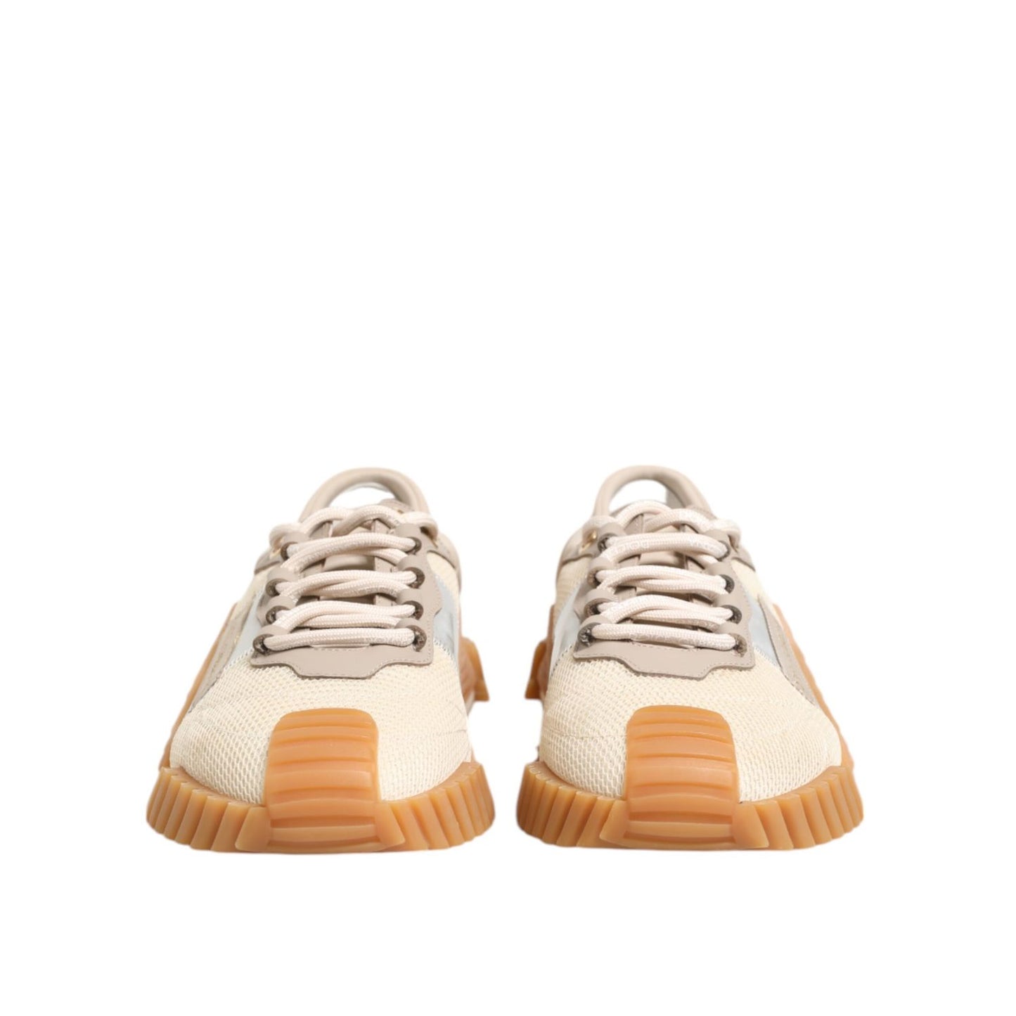 Dolce & Gabbana Beige Lace Up Low Top NS1 Men Sneakers Shoes, front view with beige nylon and calf leather material, rubber sole.