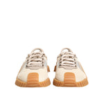 Dolce & Gabbana Beige Lace Up Low Top NS1 Men Sneakers Shoes, front view with beige nylon and calf leather material, rubber sole.