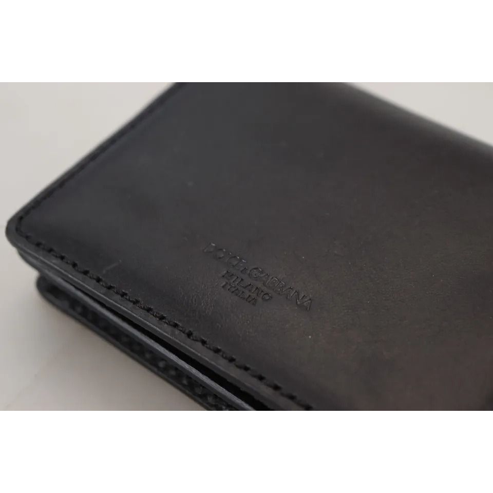 Dolce & Gabbana Black Leather Bifold Shoulder Sling Women Wallet with silver detailing and logo-engraved hardware.
