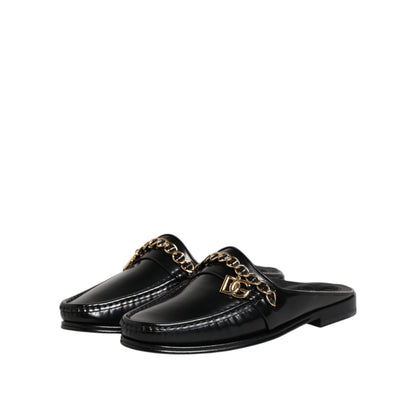 Dolce & Gabbana Black Leather DG Chain Embellished Sandals Shoes