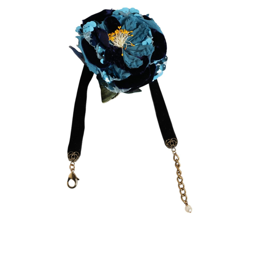 Dolce & Gabbana Blue Floral Appliqué Velvet Choker Crystal Beads Necklace with sequined flower and black velvet band