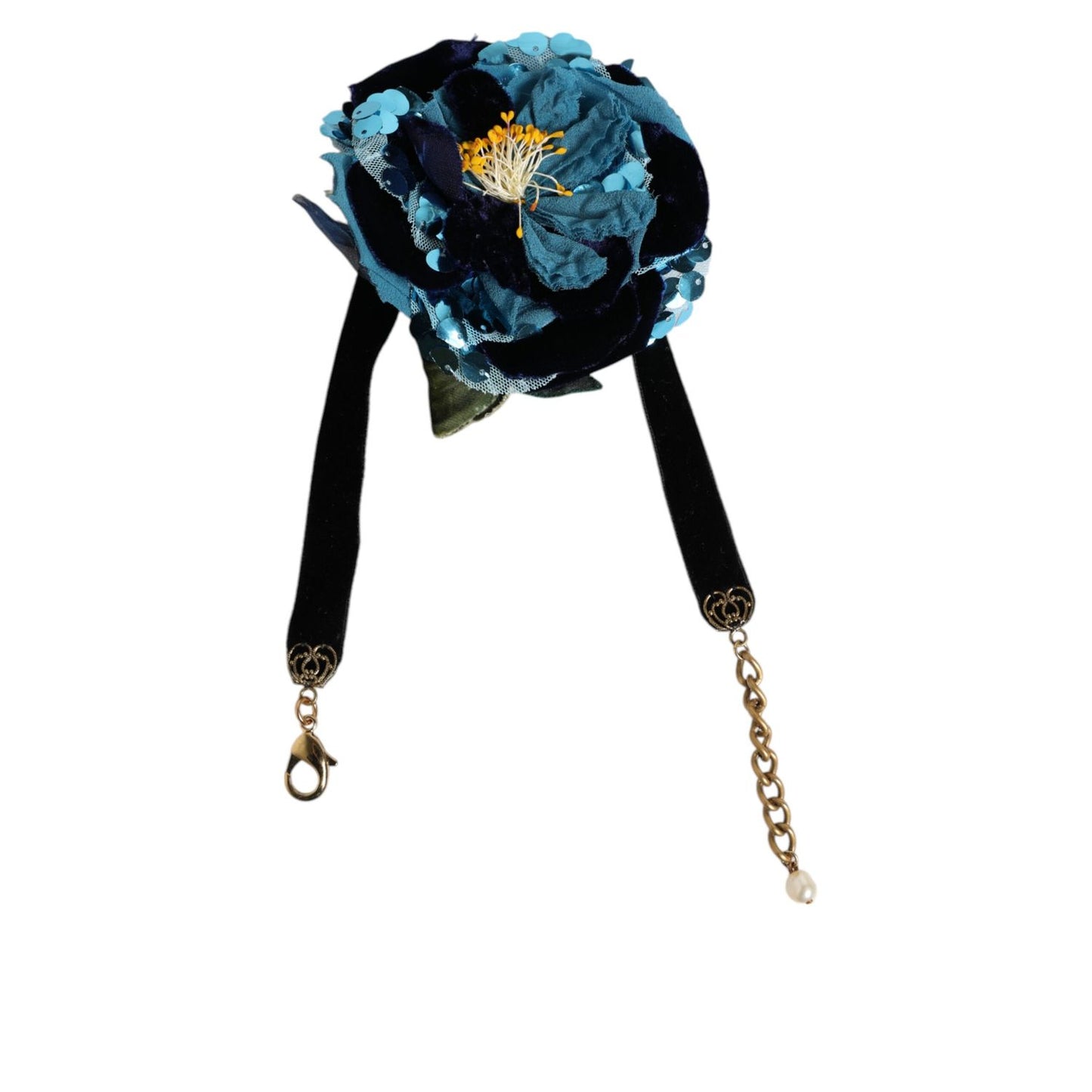 Dolce & Gabbana Blue Floral Appliqué Velvet Choker Crystal Beads Necklace with sequins and embroidery