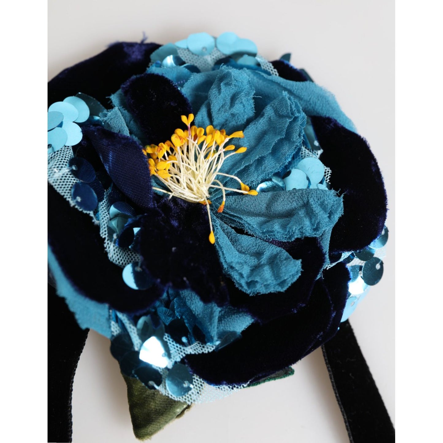 Dolce & Gabbana Blue Floral Appliqué Velvet Choker Crystal Beads Necklace close-up view