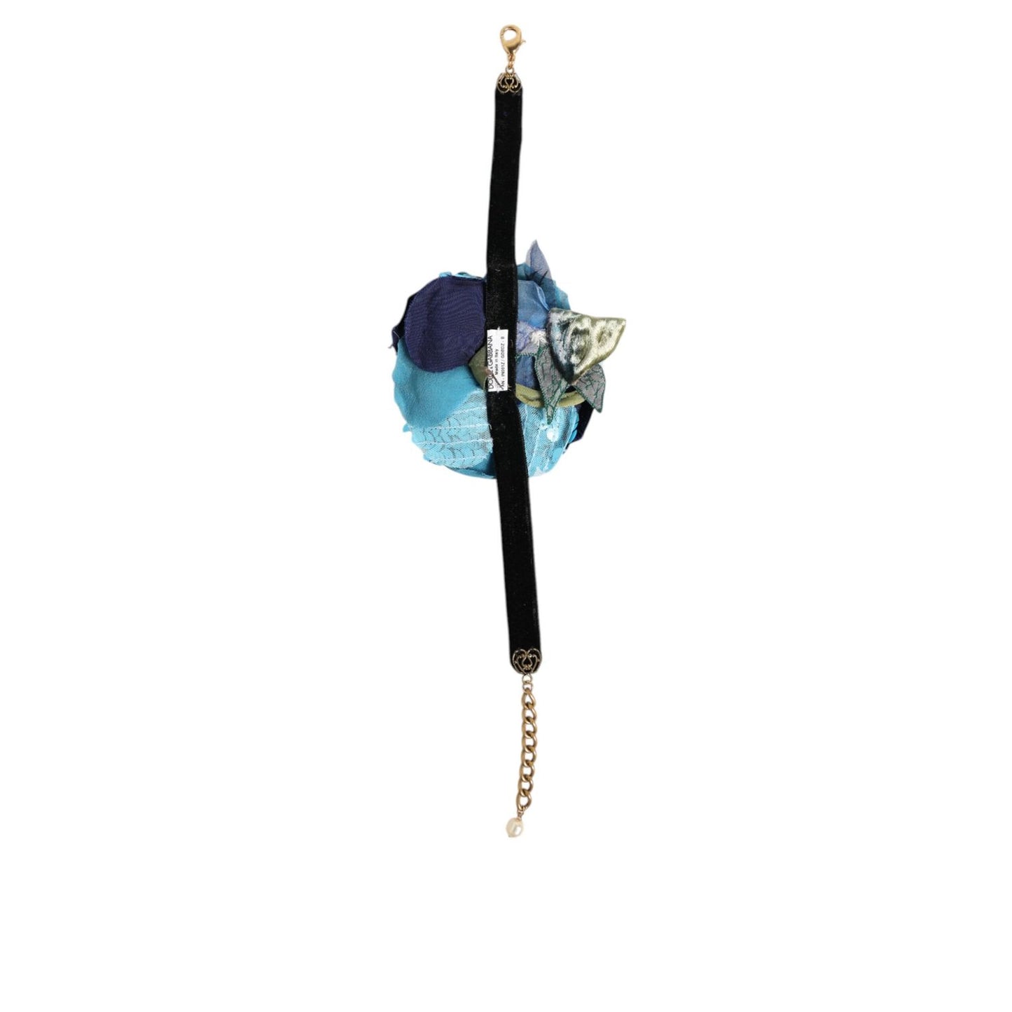 Dolce & Gabbana Blue Floral Appliqué Velvet Choker Crystal Beads Necklace with sequins and gold-tone metal chain extenders.