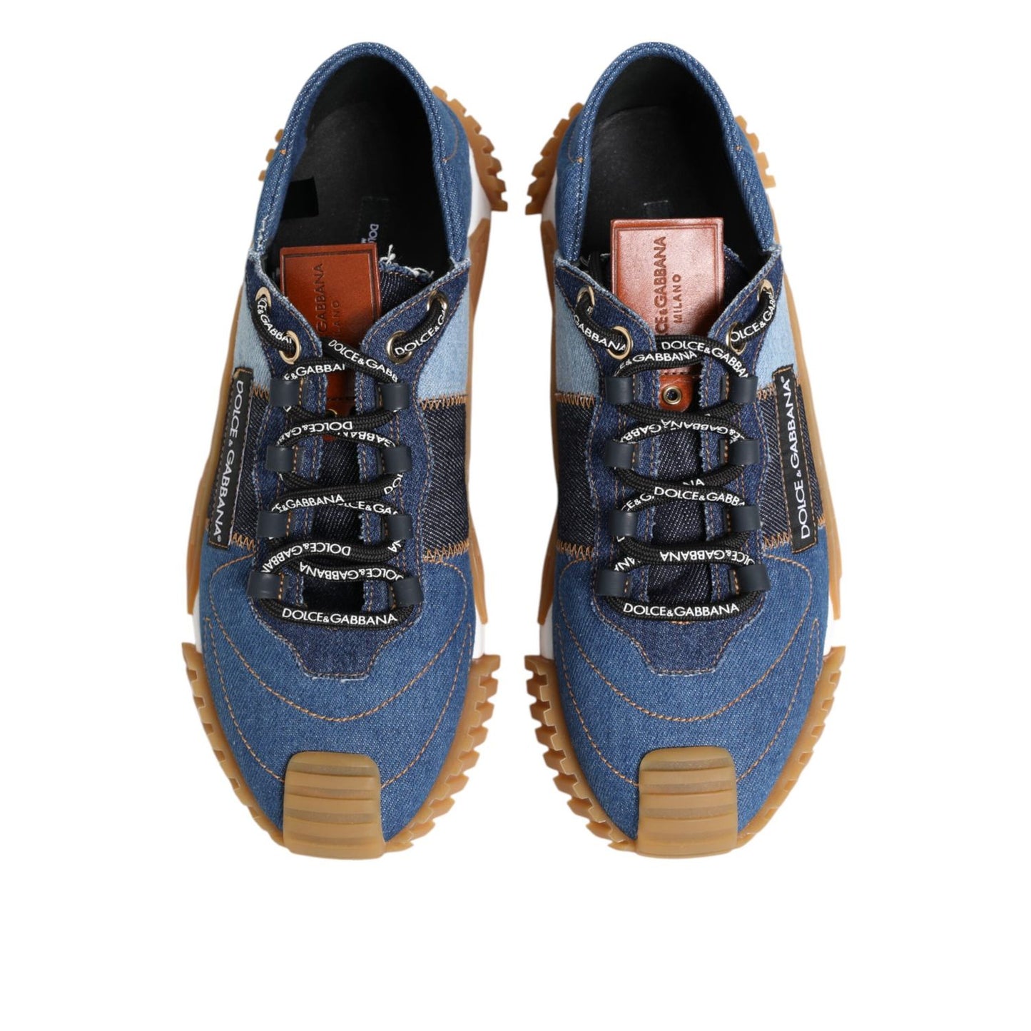 Dolce & Gabbana Blue Lace Up Low Top NS1 Sneakers Shoes with denim material and rubber sole, featuring logo details and exclusive craftsmanship.