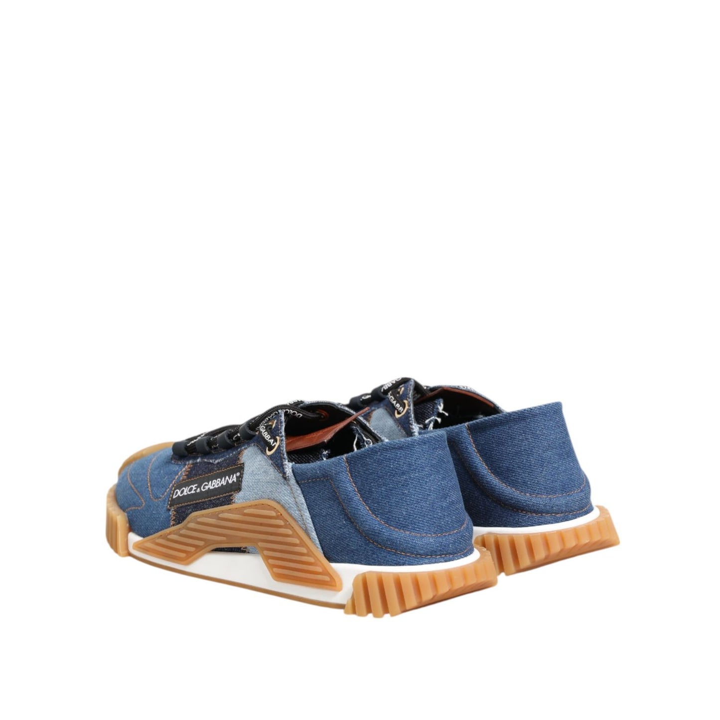 Dolce & Gabbana Blue Lace Up Low Top NS1 Sneakers Shoes with denim material and rubber sole viewed from the back angle.