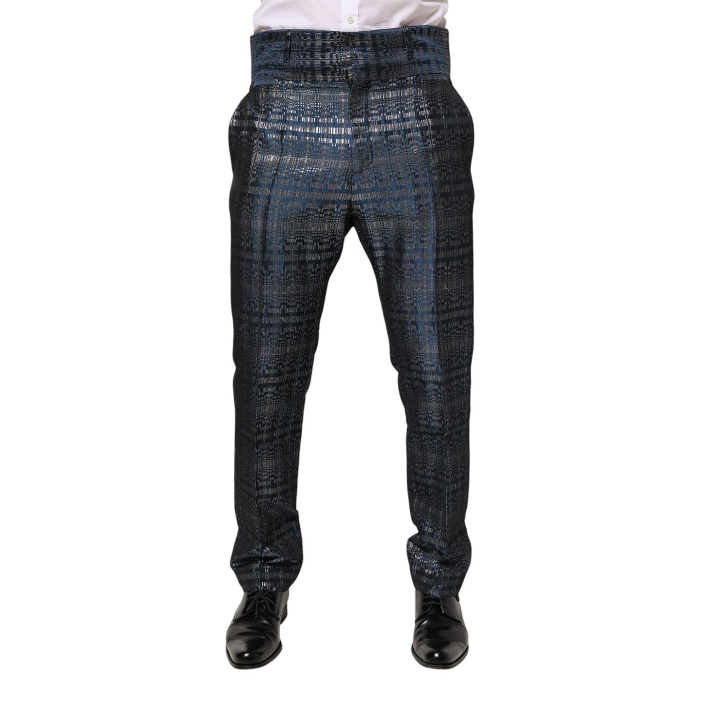 Dolce & Gabbana Blue Silver Shiny Silk Skinny Men Trouser Pants for fashion-forward look.