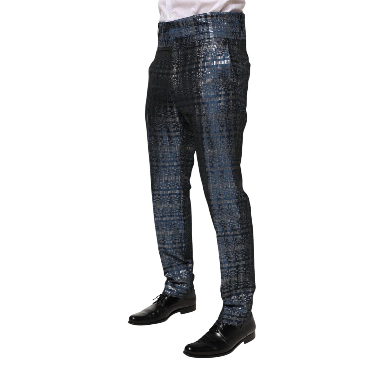 Dolce & Gabbana Blue Silver Shiny Silk Skinny Men Trouser Pants, luxury designer wear