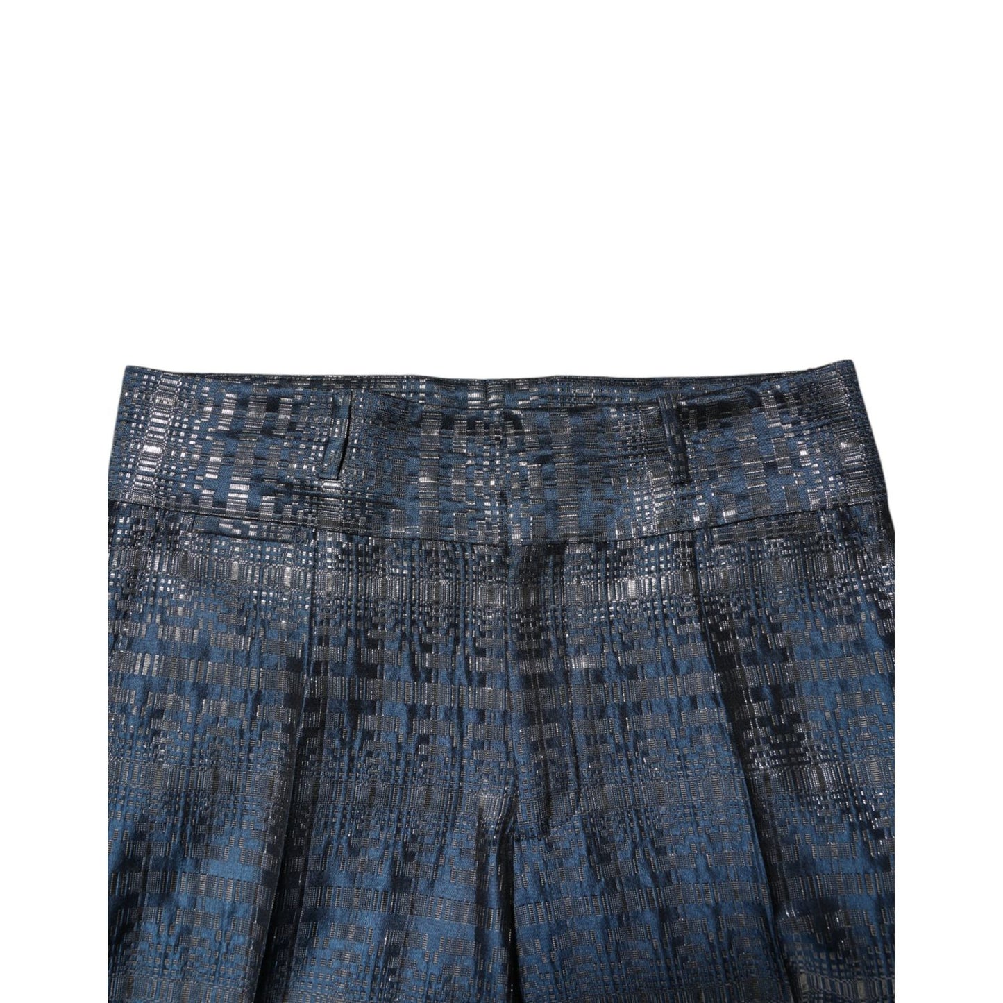 Dolce & Gabbana Blue Silver Shiny Silk Skinny Men Trouser Pants featuring luxurious pattern and elegant design.