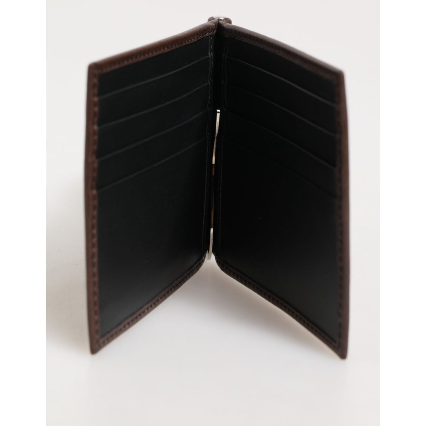 Dolce & Gabbana Brown Leather DG Logo Engrave Bifold Card Holder Wallet with multiple card slots, showcasing sleek and refined design.