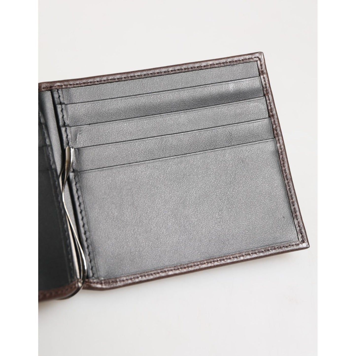 Dolce & Gabbana Brown Leather DG Logo Engrave Bifold Card Holder Wallet interior with multiple card slots.