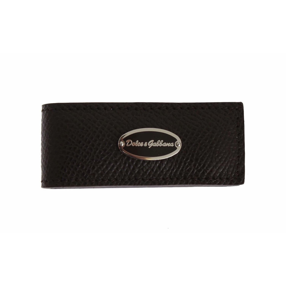 Dolce & Gabbana Brown Leather Magnet Mens Money Cash Clip with logo on front, made in Italy, genuine leather accessory, 6cm length.