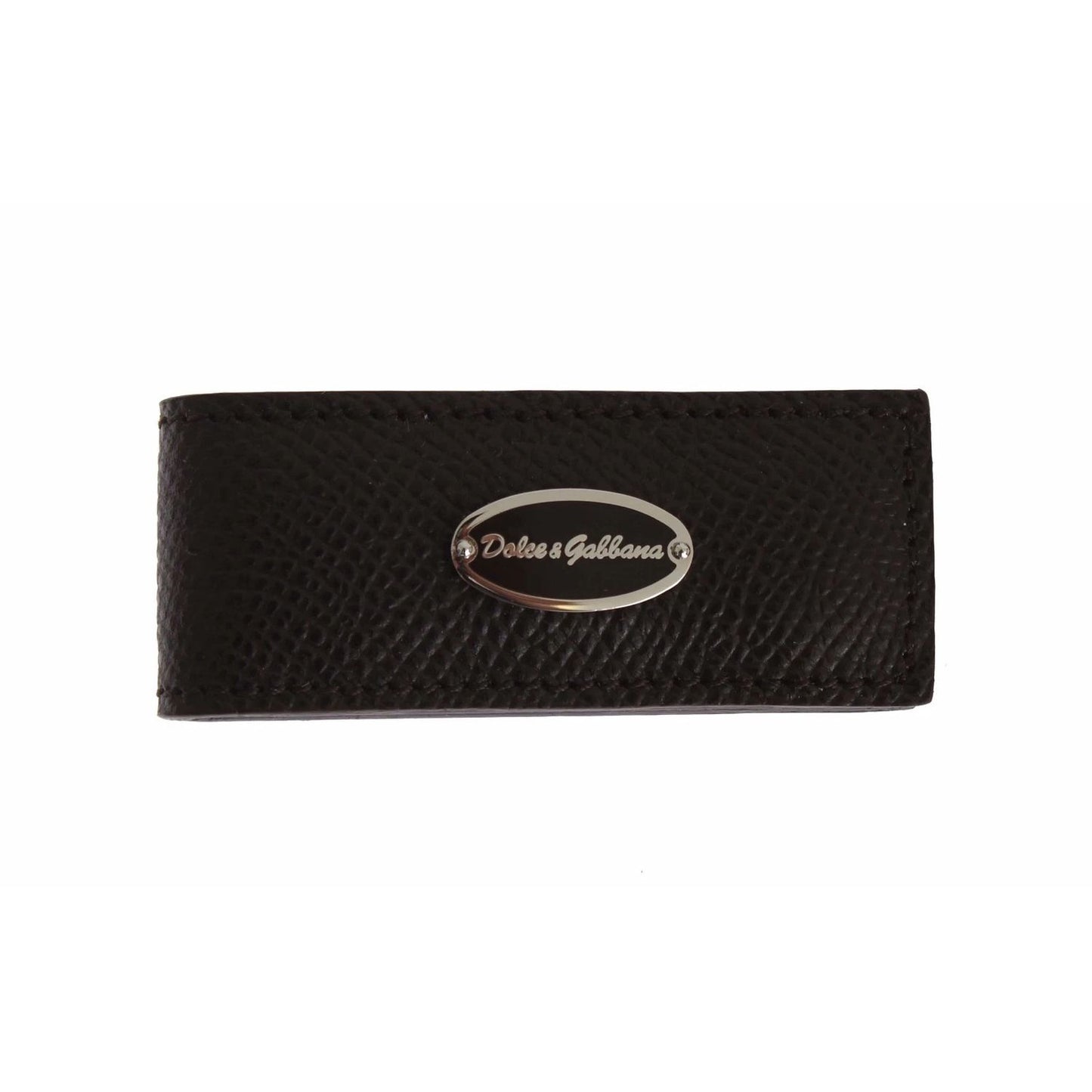 Dolce & Gabbana Brown Leather Magnet Mens Money Cash Clip with logo on front, made in Italy, genuine leather accessory, 6cm length.