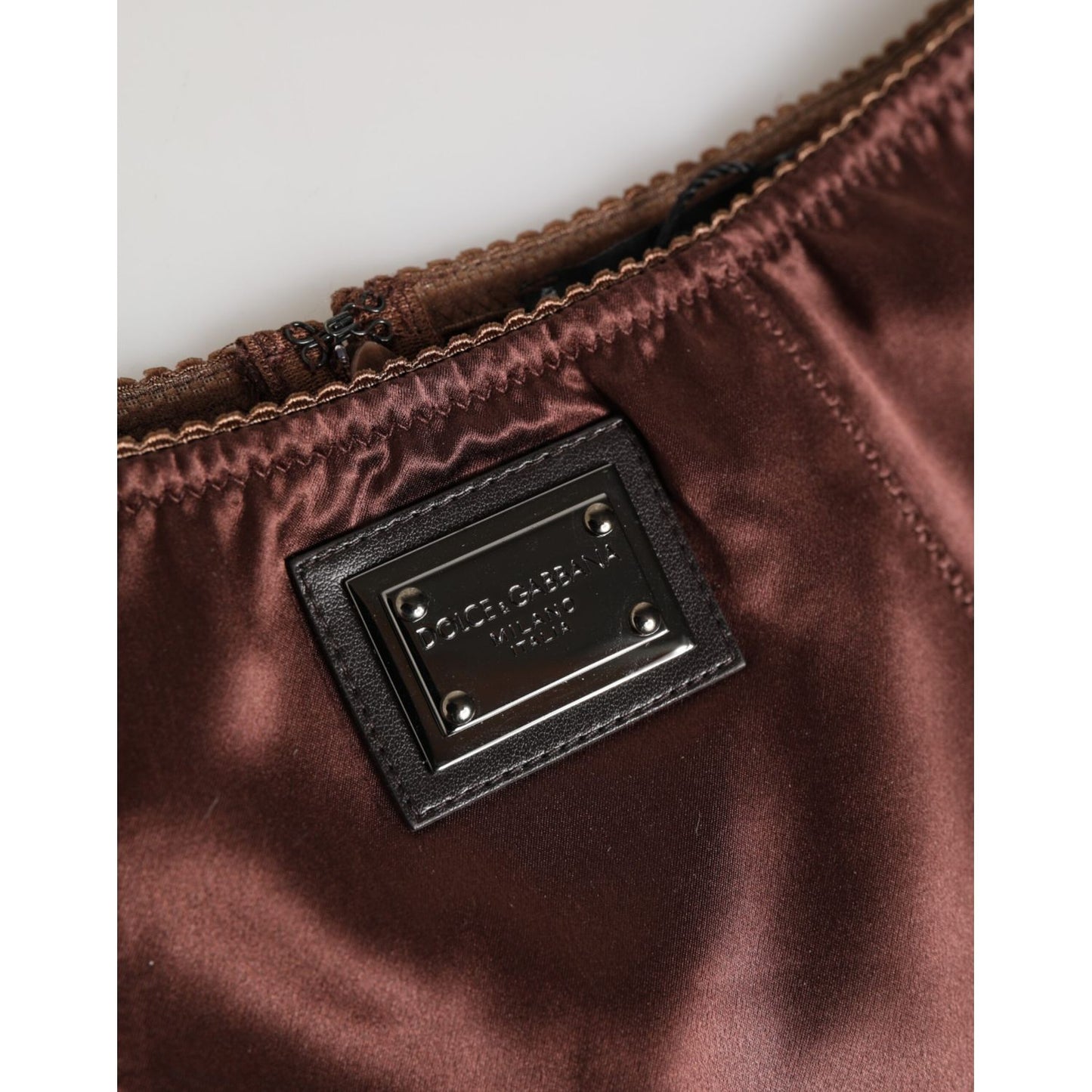 Dolce & Gabbana Brown Silk Stretch High Waist Girdle Underwear, close-up of logo detail on elegant silk fabric.
