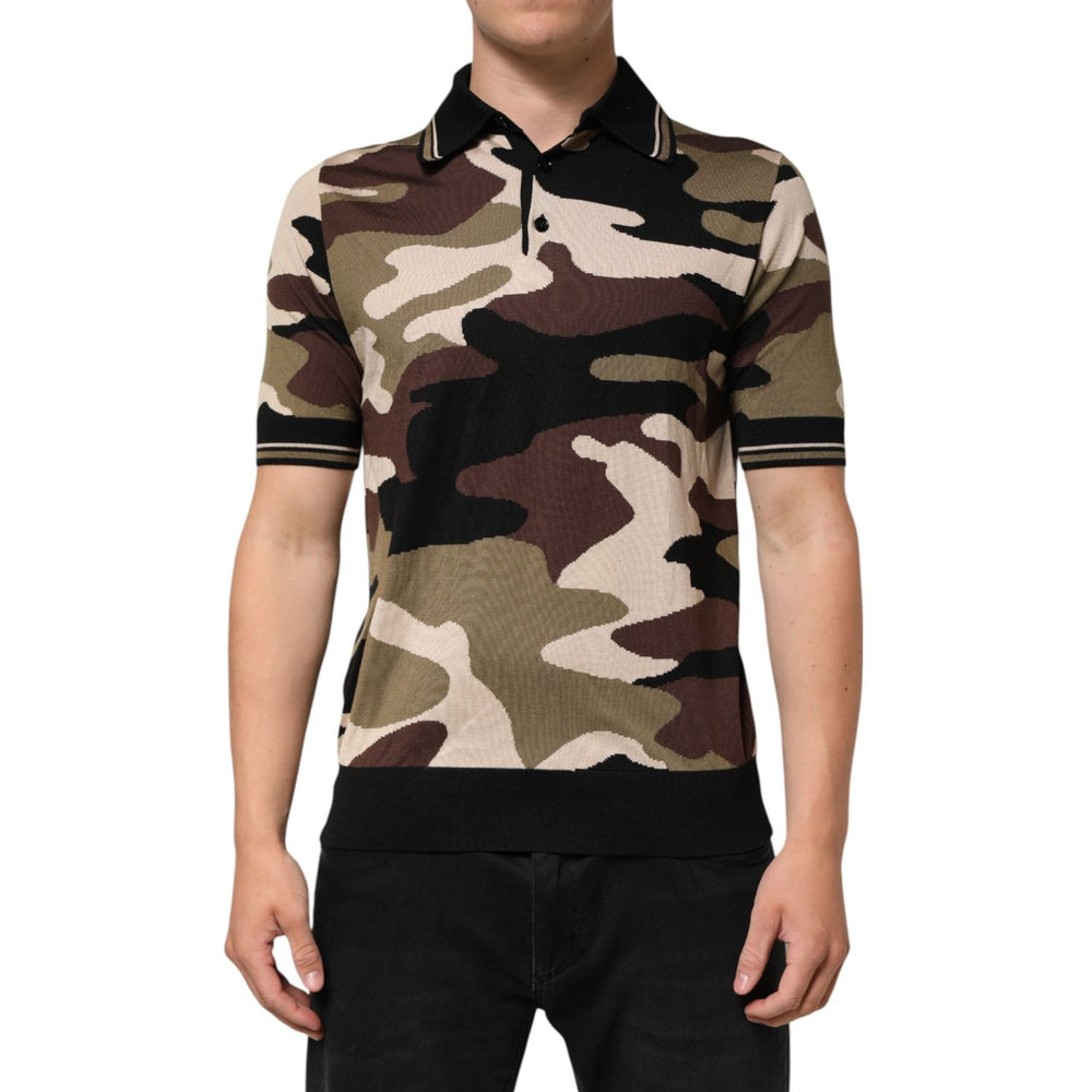 Dolce & Gabbana Camouflage Brown Silk Military Polo T-shirt with short sleeves, regular fit, luxury silk fabric, and bold pattern.