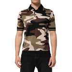 Dolce & Gabbana Camouflage Brown Silk Military Polo T-shirt with short sleeves, regular fit, luxury silk fabric, and bold pattern.
