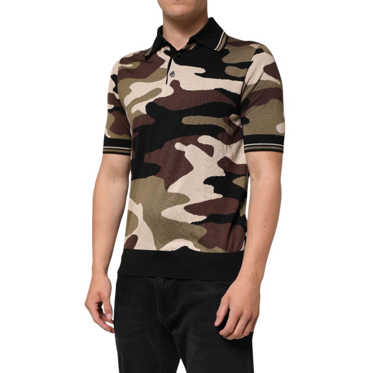 Dolce & Gabbana Camouflage Brown Silk Military Polo T-shirt with short sleeves, featuring an all-over camouflage print, modeled by male.
