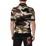 Model wearing Dolce & Gabbana Camouflage Brown Silk Military Polo T-shirt, showcasing a luxury camouflage print design.