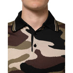 Dolce & Gabbana Camouflage Brown Silk Military Polo T-shirt close-up showing camouflage pattern and black collar. Made in Italy.