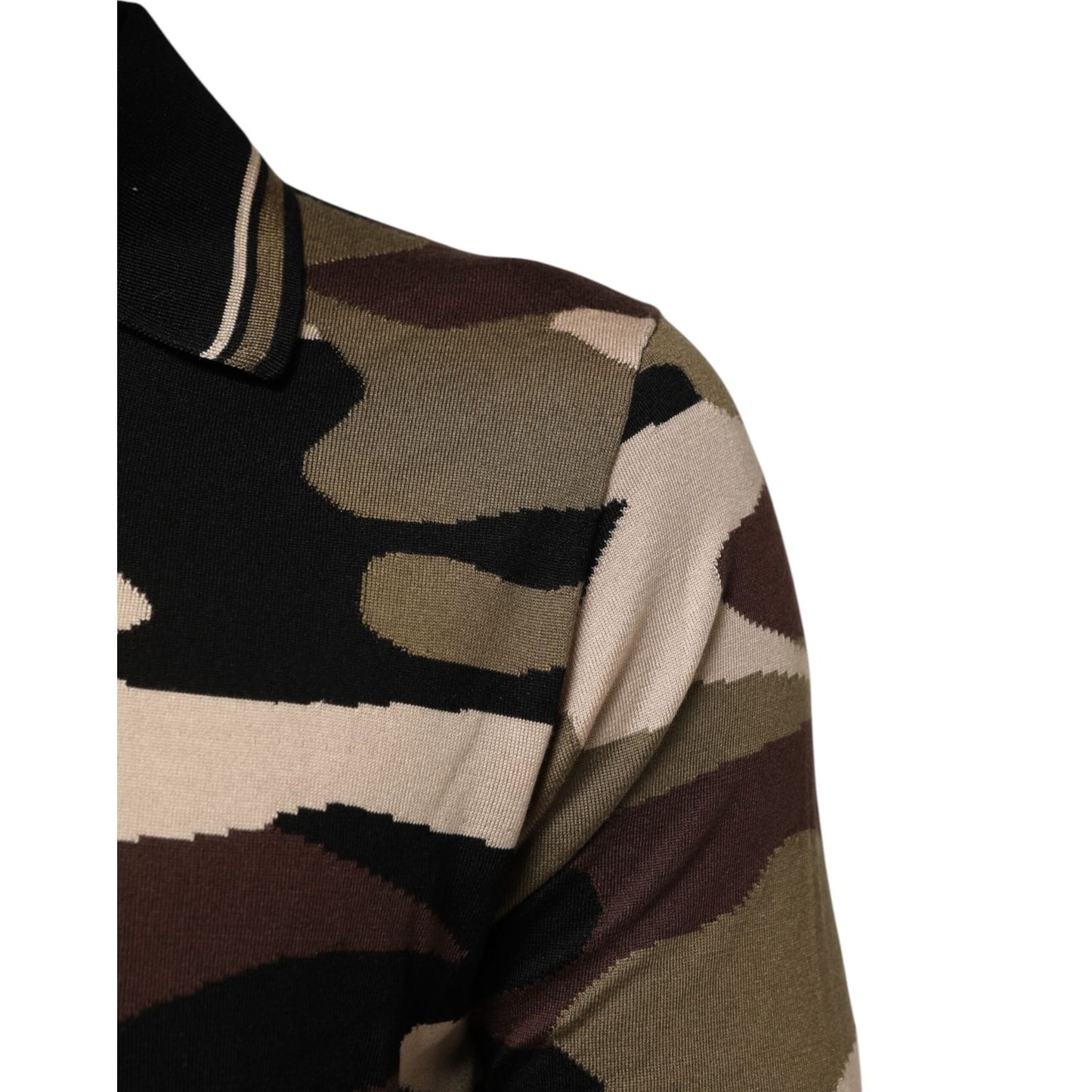 Close-up of Dolce & Gabbana Camouflage Brown Silk Military Polo T-shirt with camouflage pattern, made in Italy, 100% silk.