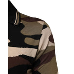 Close-up of Dolce & Gabbana Camouflage Brown Silk Military Polo T-shirt with camouflage pattern, made in Italy, 100% silk.