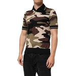 Man wearing Dolce & Gabbana Camouflage Brown Silk MilitaryPolo T-shirt with short sleeves, made in Italy, featuring logo details.