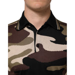 Dolce & Gabbana Camouflage Brown Silk MilitaryPolo T-shirt close-up showing camouflage pattern and luxury silk fabric.