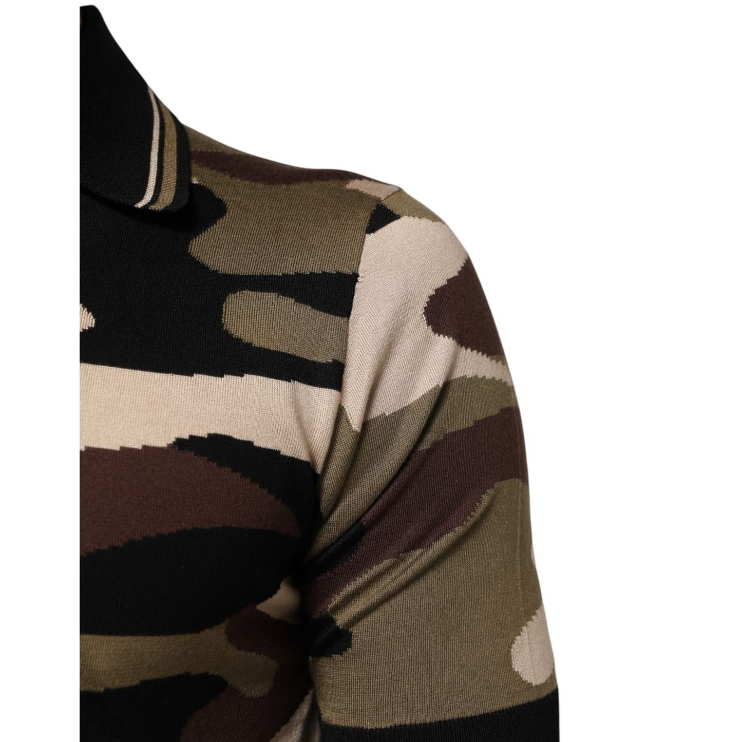Close-up of Dolce & Gabbana Camouflage Brown Silk MilitaryPolo T-shirt showcasing camouflage pattern and silk texture.