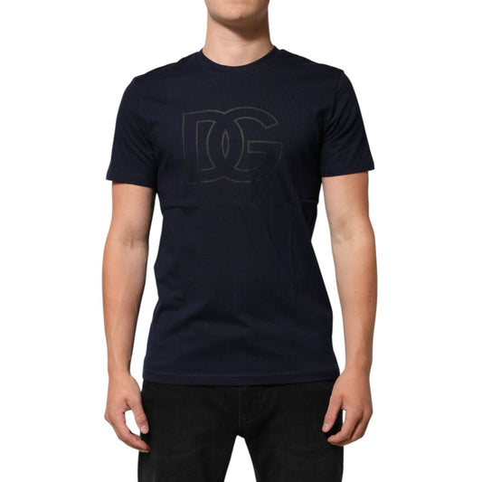 Dolce & Gabbana Dark Blue Cotton DG Logo Print Men’s Top T-shirt, short sleeve, black jeans, luxury fashion, modeled view.