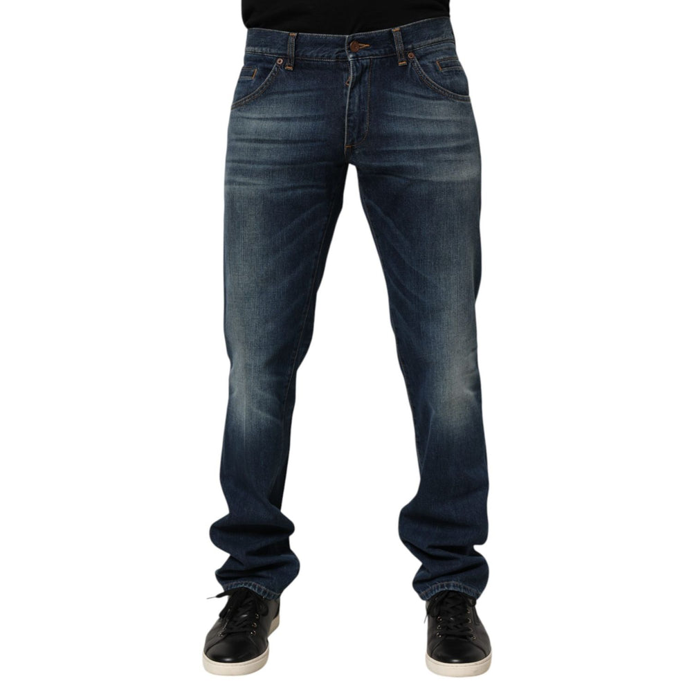 Dolce & Gabbana Dark Blue Washed Cotton Skinny Men Denim Jeans