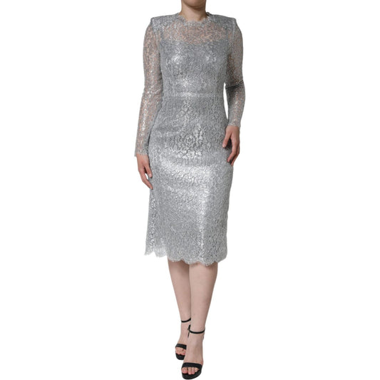 Dolce & Gabbana Silver Floral Lace Bodycon Sheath Midi Dress DR281259-40