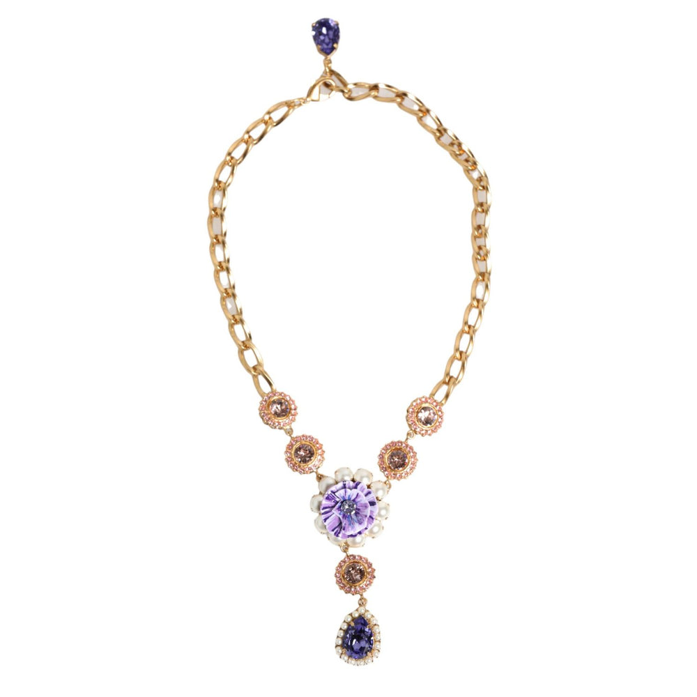 Dolce & Gabbana Gold Brass Crystal Pearl Purple Floral Pendant Jewelry Necklace with pink accents and central violet crystal.