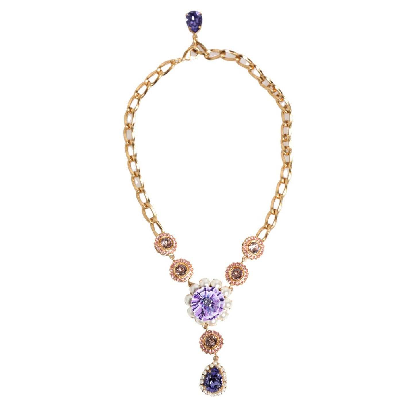 Dolce & Gabbana Gold Brass Crystal Pearl Purple Floral Pendant Jewelry Necklace with violet crystal and gold-tone chain.