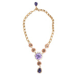 Dolce & Gabbana Gold Brass Crystal Pearl Purple Floral Pendant Jewelry Necklace with violet crystal and gold-tone chain.