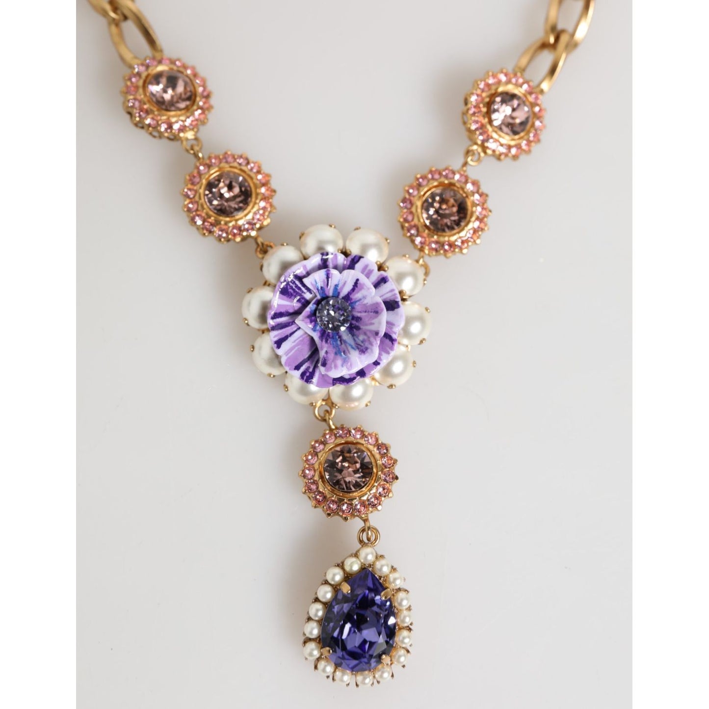 Dolce & Gabbana Gold Brass Crystal Pearl Purple Floral Pendant Jewelry Necklace featuring pink accents and faceted violet crystals
