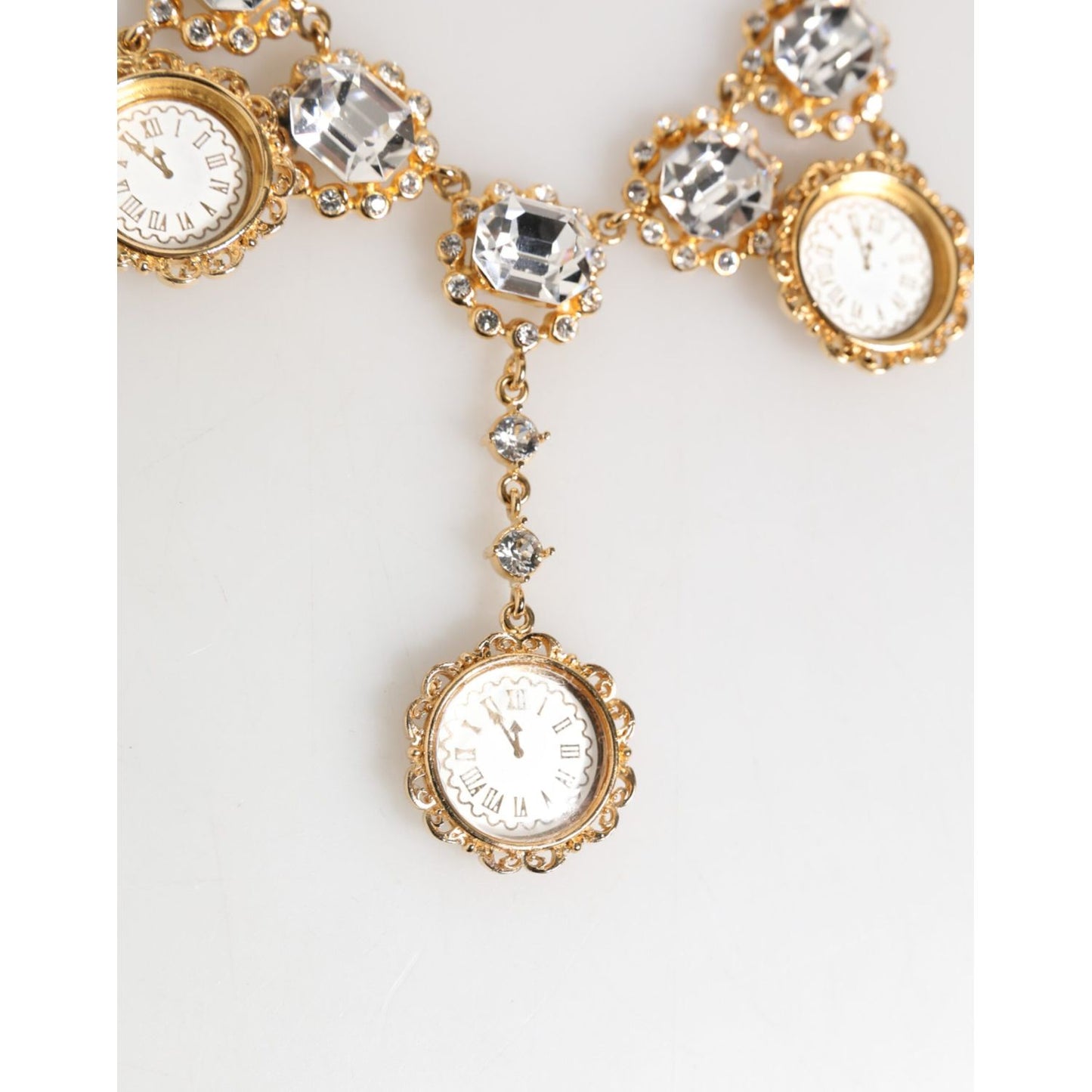 Dolce & Gabbana Gold Crystal Clock Face Pendant Statement Jewelry Necklace