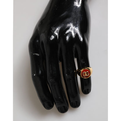 Dolce & Gabbana Gold Tone Real Brass Round Red DG Logo Men Ring