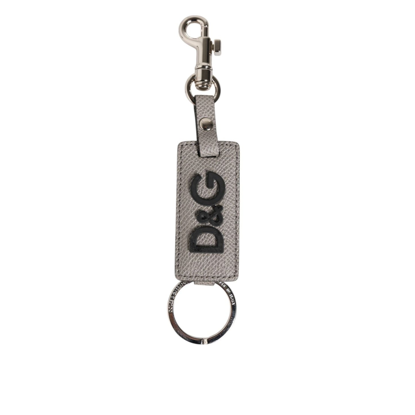 Dolce & Gabbana Gray Leather Logo Metal Ring Keychain Holder Keyring