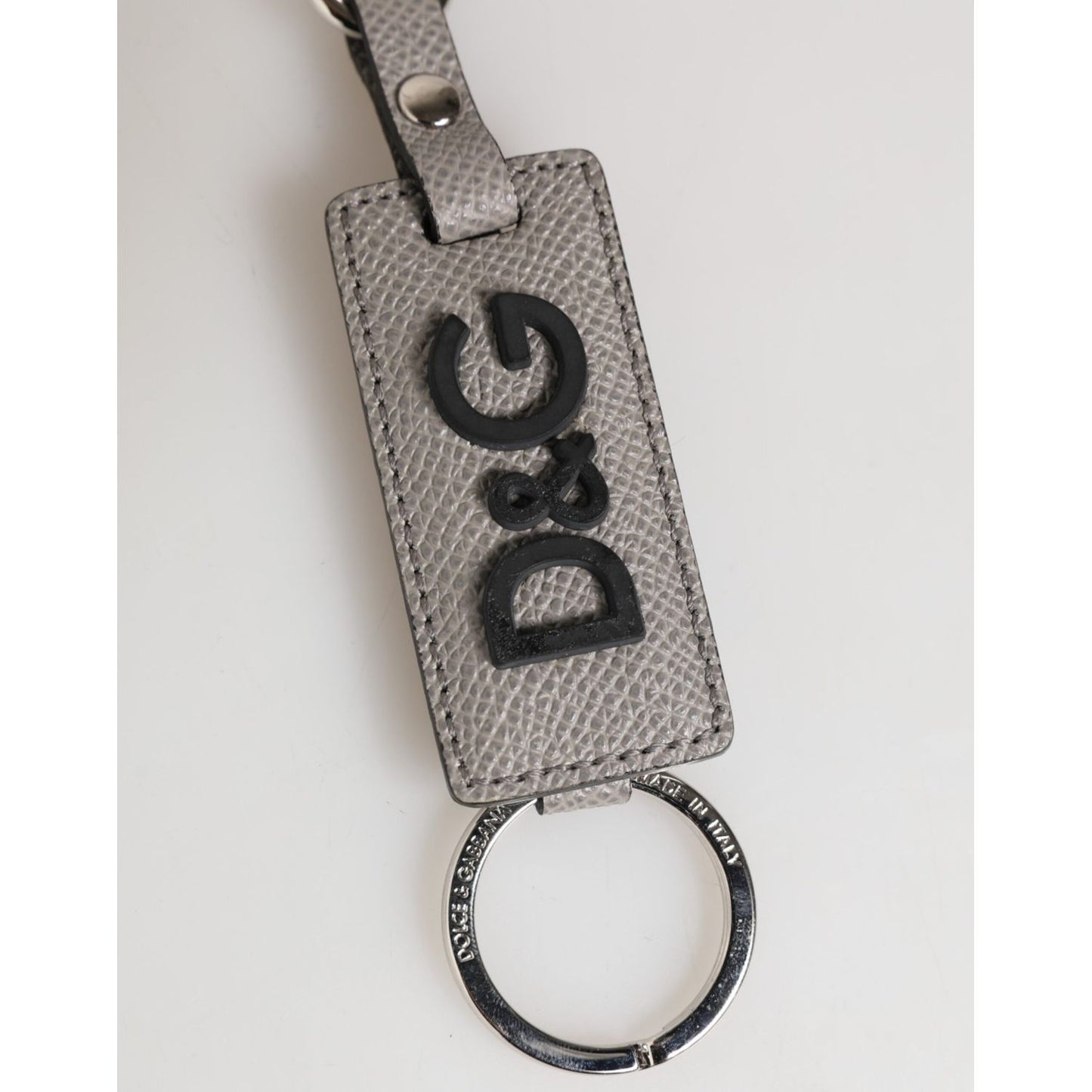 Dolce & Gabbana Gray Leather Logo Metal Ring Keychain Holder Keyring