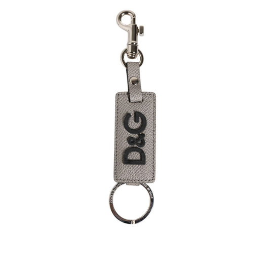 Dolce & Gabbana Gray Leather Logo Metal Ring Keychain Holder Keyring