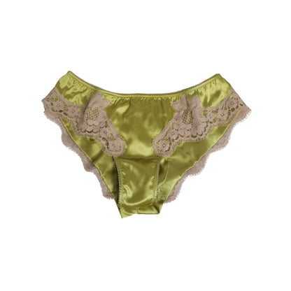 Dolce & Gabbana Green Silk Satin Floral Lace Trim Panty Underwear with elegant lace detailing made in Italy.