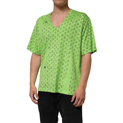 Dolce & Gabbana Green V-Neck DG Logo Heart Print T-shirt