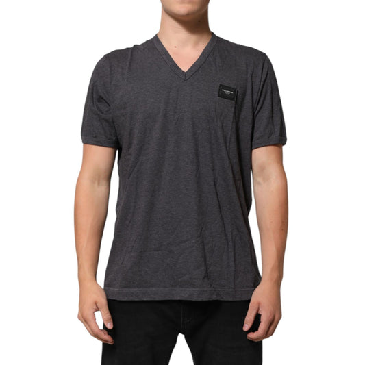 Dolce & Gabbana Grey Cotton V-Neck Logo Plaque Melange T-Shirt, men's short sleeve casual wear, soft cotton, made in Italy.