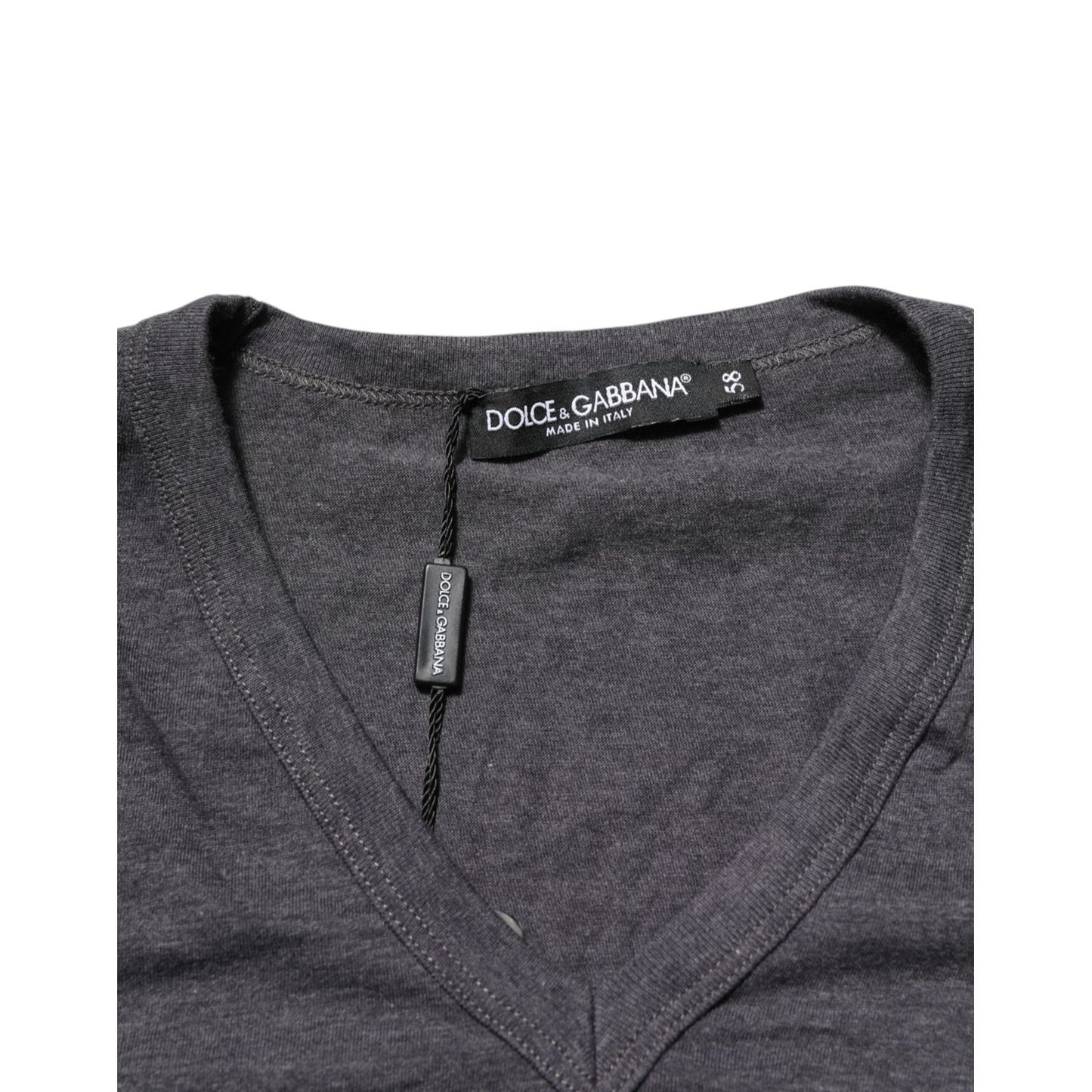 Dolce & Gabbana Grey Cotton V-Neck Logo Plaque Melange T-Shirt