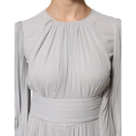 Dolce & Gabbana Grey Pleated Maxi Long Sleeve Silk Blend Gown Dress
