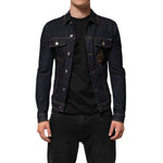 Dolce & Gabbana Indigo Blue Denim Slim Fit Logo Patch Jacket featuring contrast stitching and logo buttons.