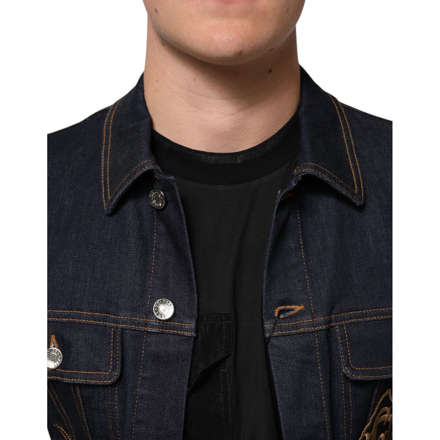Dolce & Gabbana Indigo Blue Denim Slim Fit Logo Patch Jacket with silver-tone buttons and DG logo embroidery.