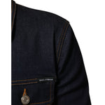 Dolce & Gabbana Indigo Blue Denim Slim Fit Logo Patch Jacket with contrast stitching and silver-tone logo buttons.