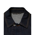 Close-up of Dolce & Gabbana Indigo Blue Denim Slim Fit Logo Patch Jacket collar with contrast stitching and logo buttons.